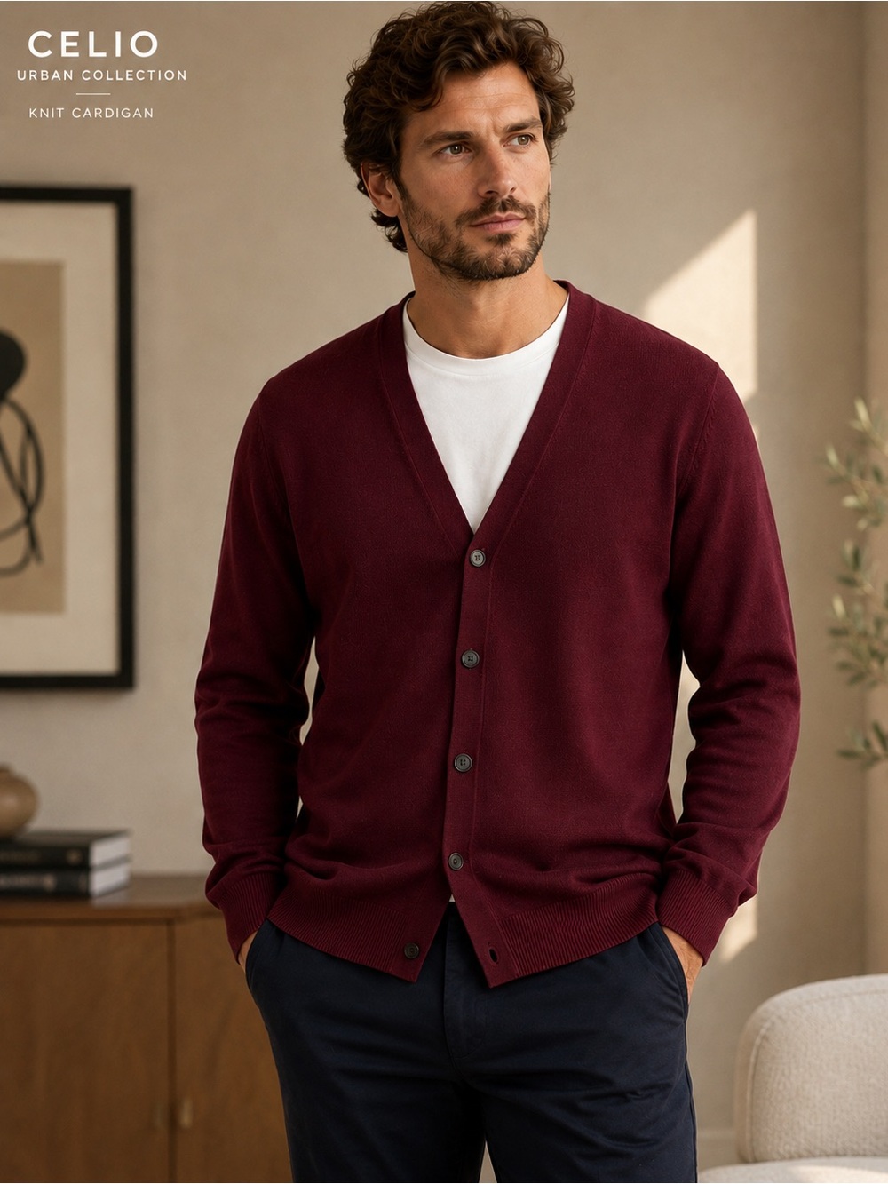 Celio Urban Collection Burgundy Cotton Ribbed Knit Button Cardigan